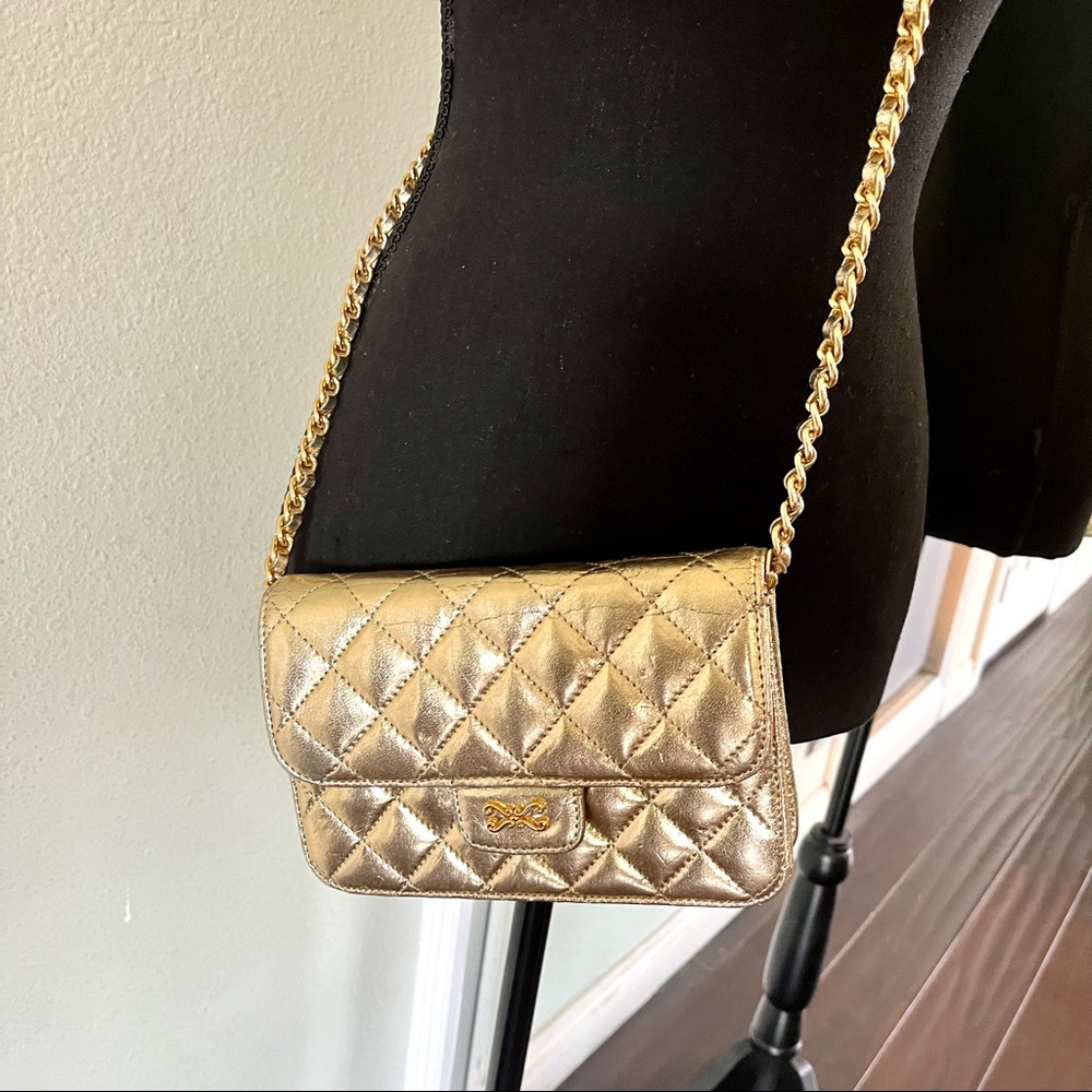Gold Metallic Wallet On Chain Style Quilted Chain Bag
